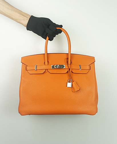 Birkin 35 Clemence Leather in Orange, front view